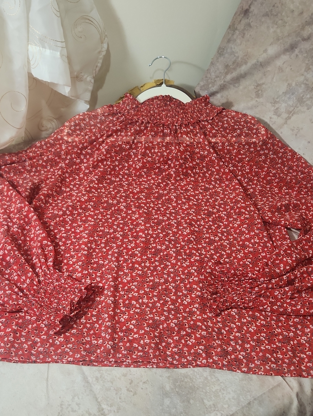 GAP Red Floral Smocked Neck Long-Sleeve Blouse Thin/Sheer